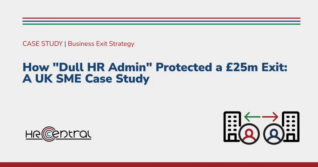 Case study graphic for HRCentral showing how HR due diligence and business exit strategy protected a £25m SME sale