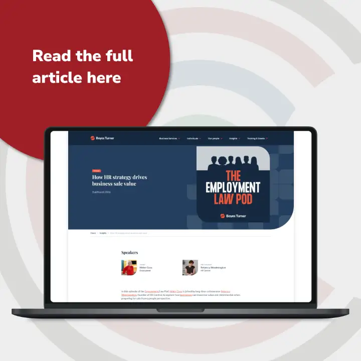 A laptop screen displaying The Employment Law Pod featuring Helen Goss and Rebecca Woolmington discussing how HR strategy and due diligence drive business sale value.